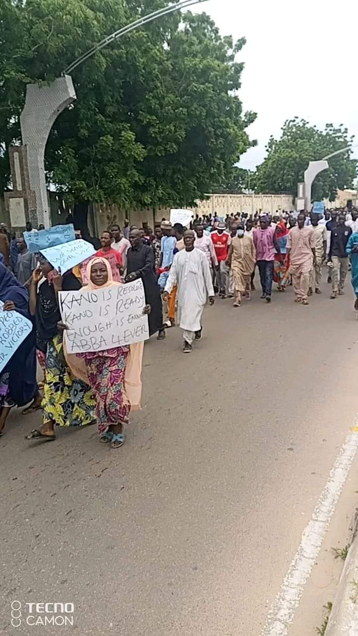 Protest erupts against electoral court bribery in Kano.