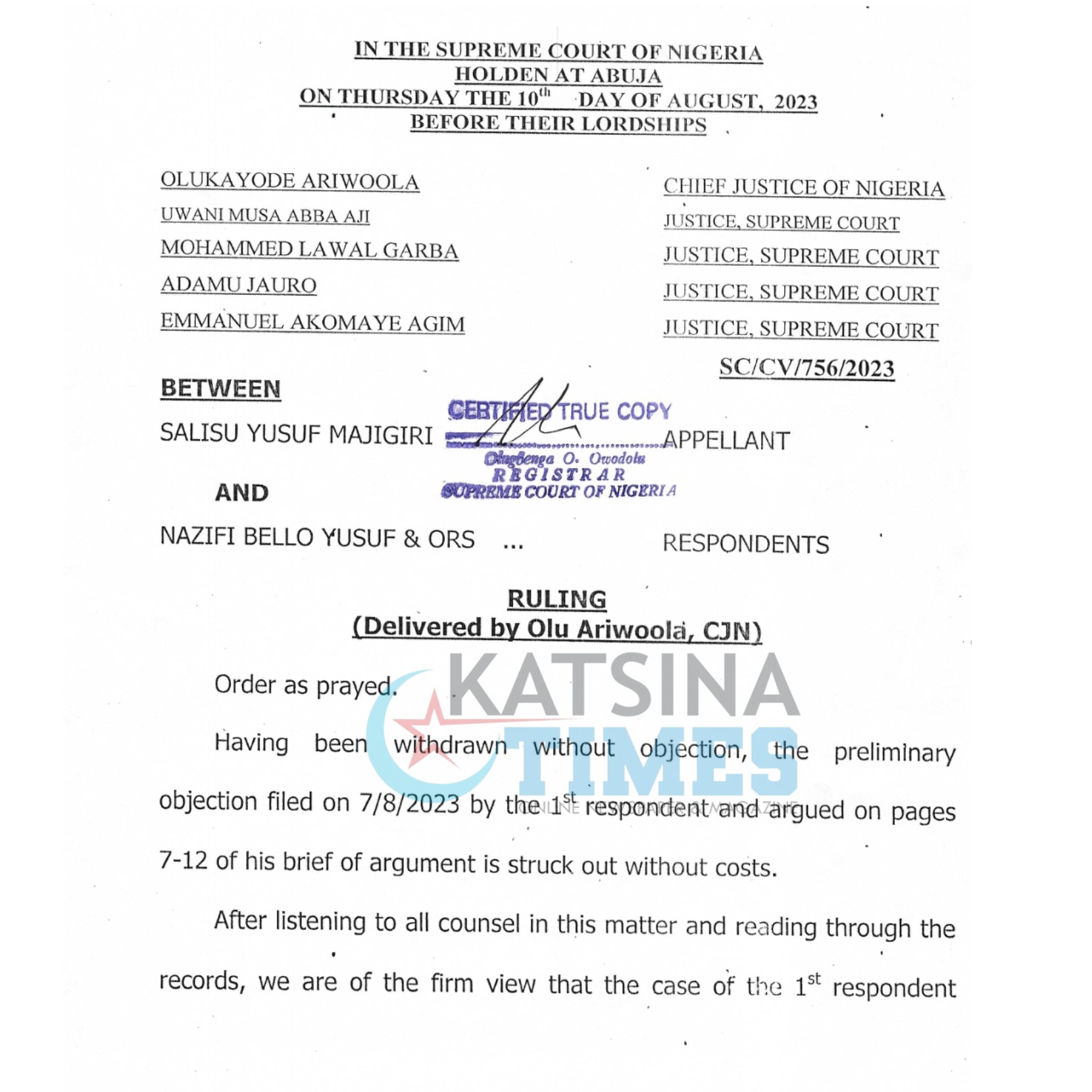 FOR THE RECORD: SUPREME COURT JUDGEMENT OF HON SALISU MAJIGIRI AND NIZIFI MASHI.